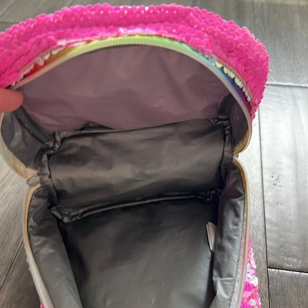 Reversible Sequin iridescent lunchbox with rainbow zipper